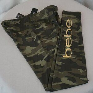 BEBE NWT Green Camo Gold Logo High Waist Full Length Compression Leggings L